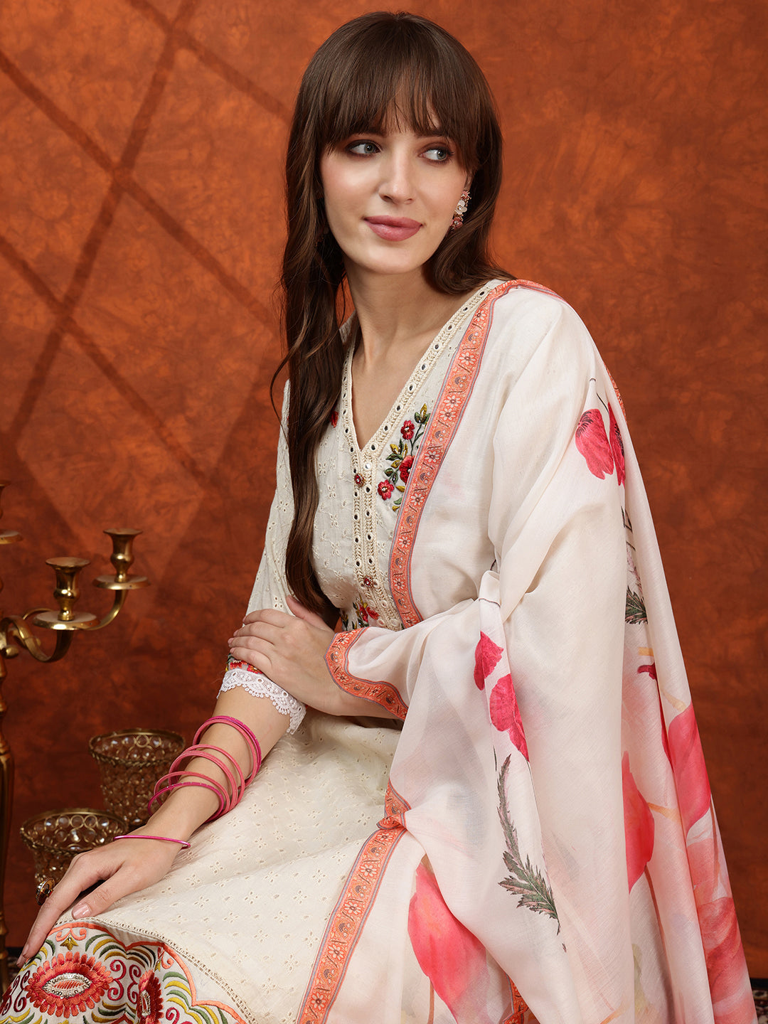 Hand Embroidered & Chikankari Kurta With Pant & Floral Printed Dupatta, Cream - Hiral Fashion