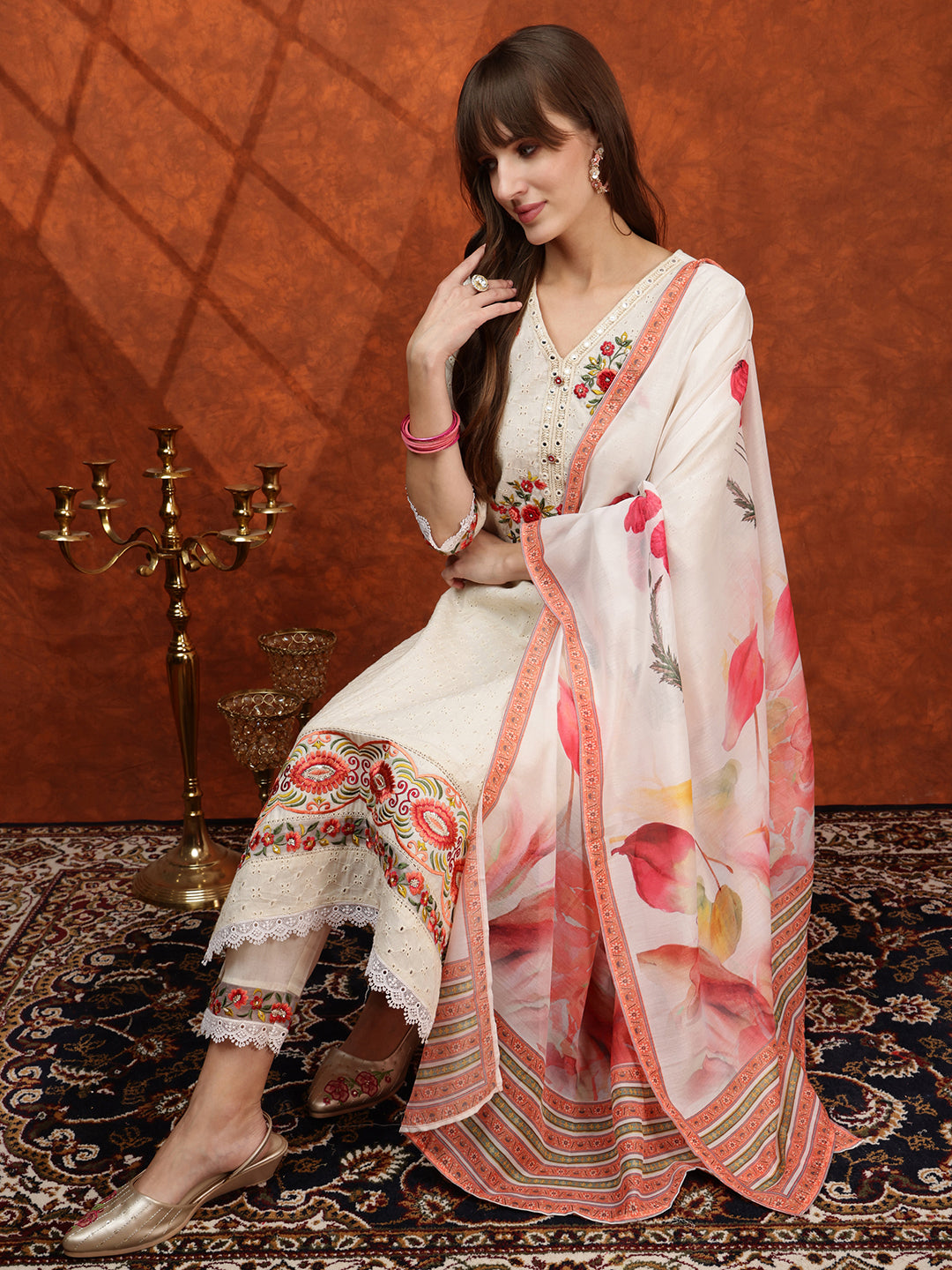 Hand Embroidered & Chikankari Kurta With Pant & Floral Printed Dupatta, Cream - Hiral Fashion