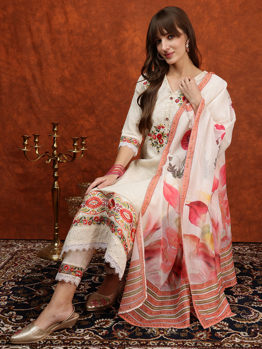 Hand Embroidered & Chikankari Kurta With Pant & Floral Printed Dupatta, Cream - Hiral Fashion