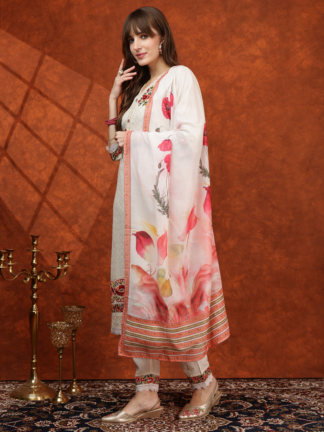 Hand Embroidered & Chikankari Kurta With Pant & Floral Printed Dupatta, Cream - Hiral Fashion