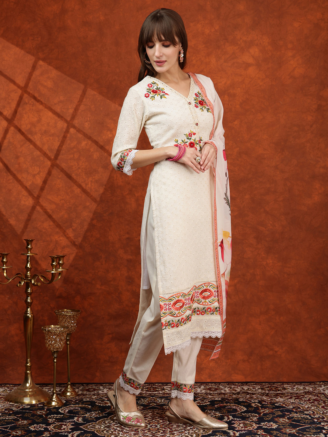 Hand Embroidered & Chikankari Kurta With Pant & Floral Printed Dupatta, Cream - Hiral Fashion