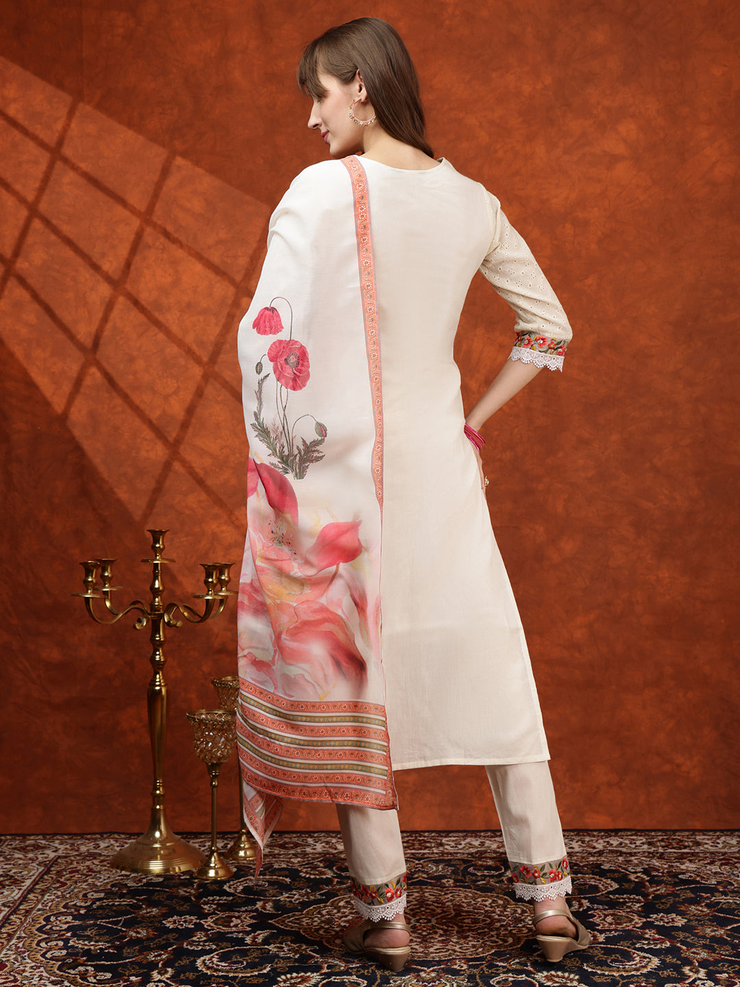 Hand Embroidered & Chikankari Kurta With Pant & Floral Printed Dupatta, Cream - Hiral Fashion