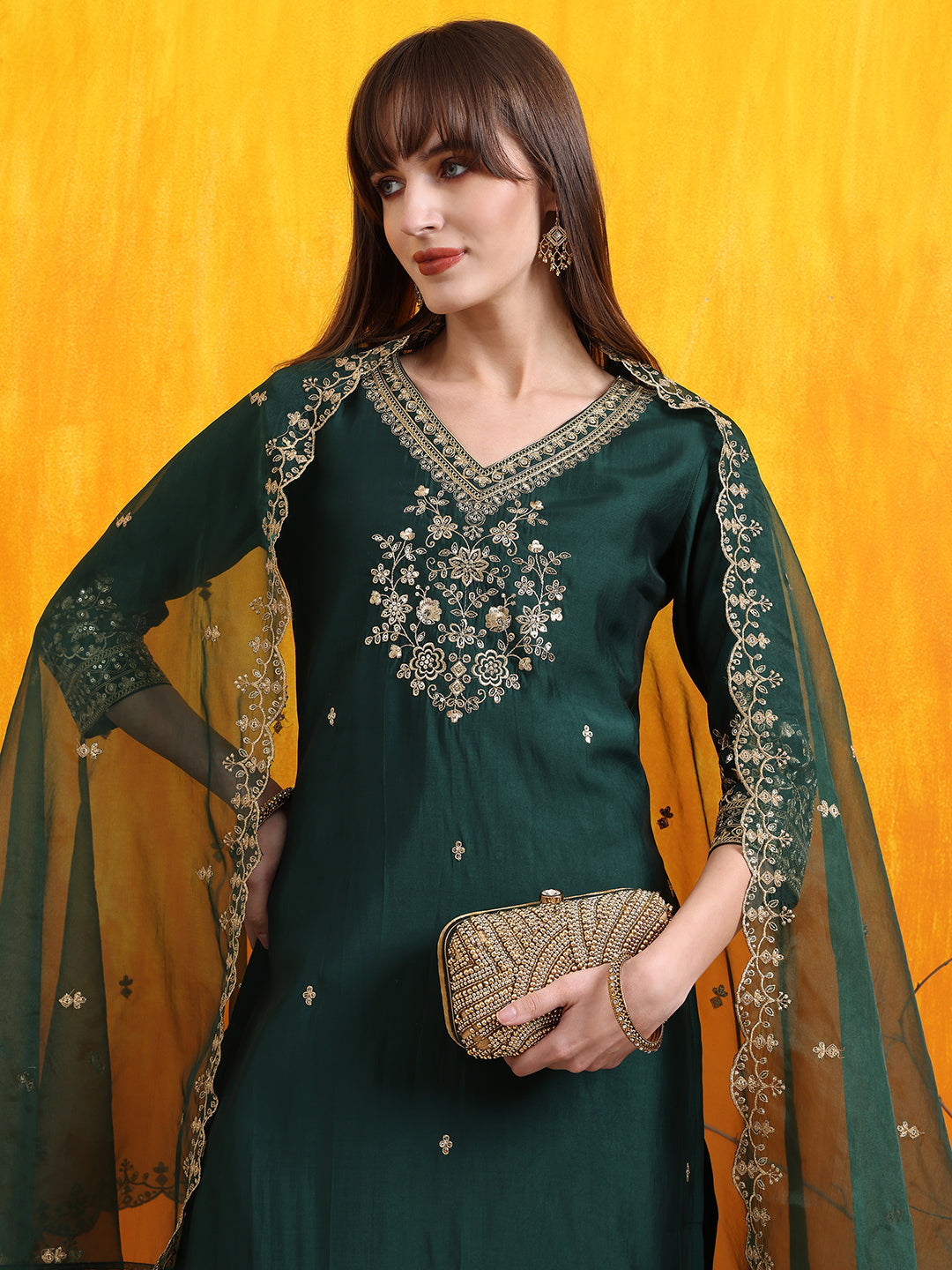 Sequined Embroidered Kurta With Pant & Embroidered Dupatta, Bottle-Green - Hiral Fashion