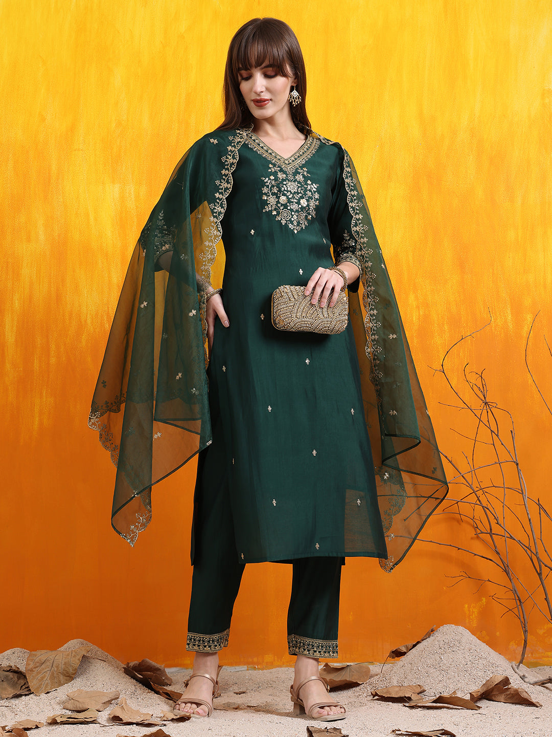 Sequined Embroidered Kurta With Pant & Embroidered Dupatta, Bottle-Green - Hiral Fashion