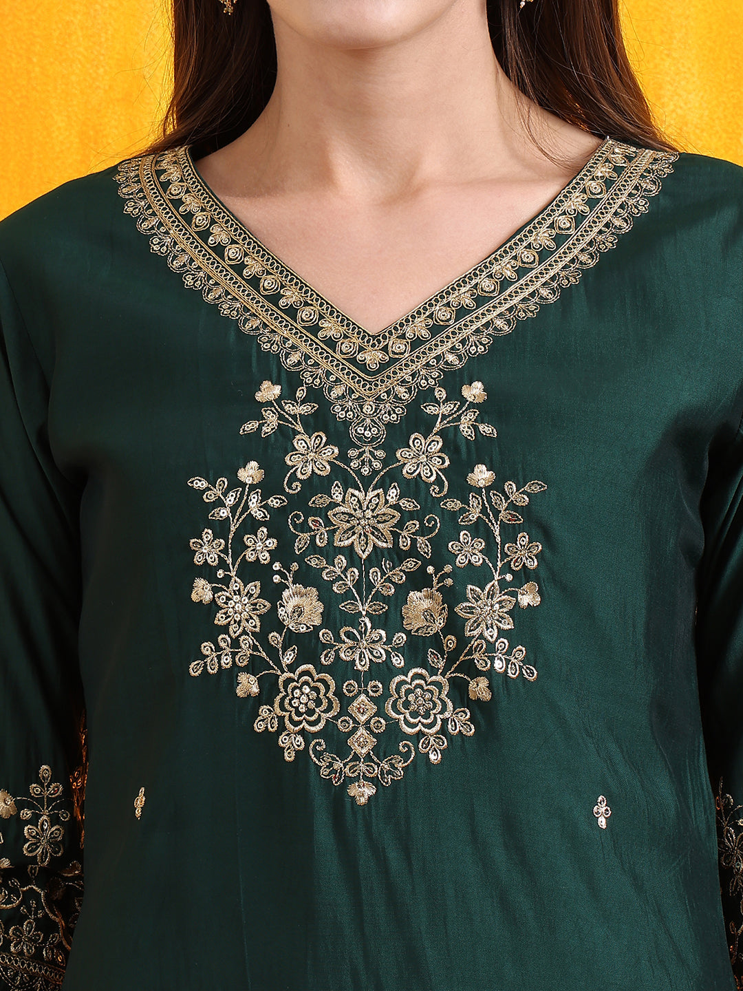 Sequined Embroidered Kurta With Pant & Embroidered Dupatta, Bottle-Green - Hiral Fashion