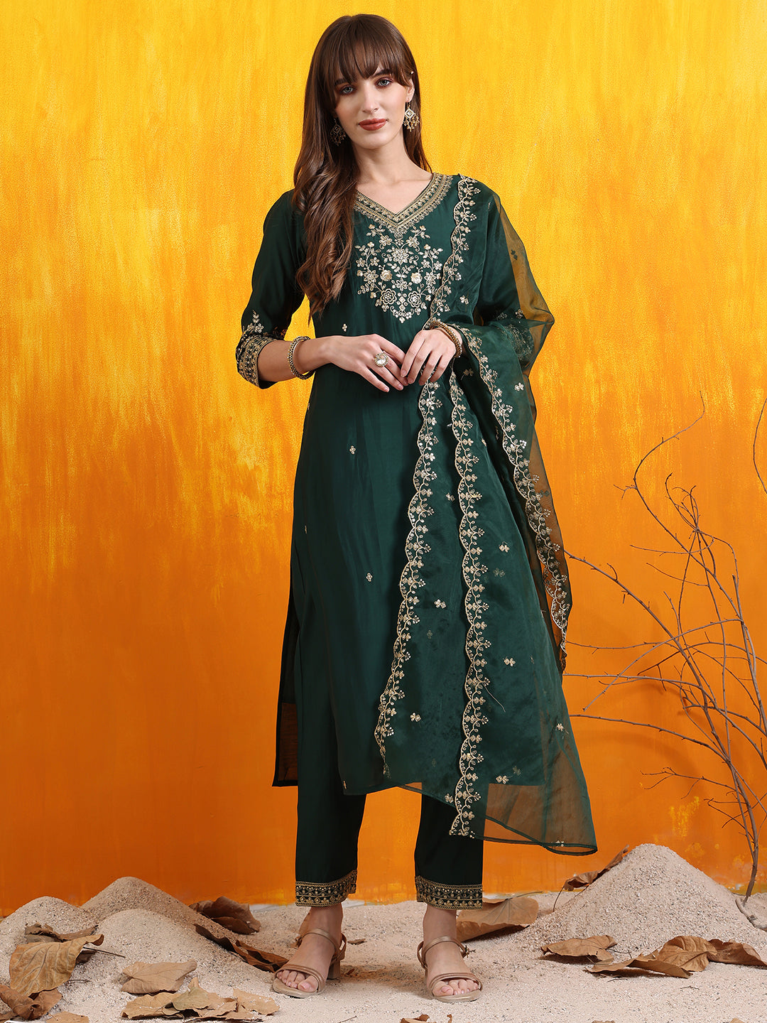 Sequined Embroidered Kurta With Pant & Embroidered Dupatta, Bottle-Green - Hiral Fashion