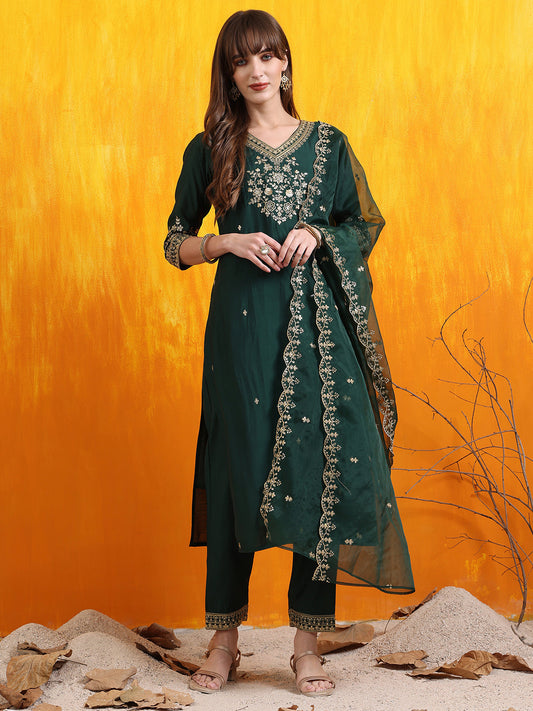 Sequined Embroidered Kurta With Pant & Embroidered Dupatta, Bottle-Green - Hiral Fashion