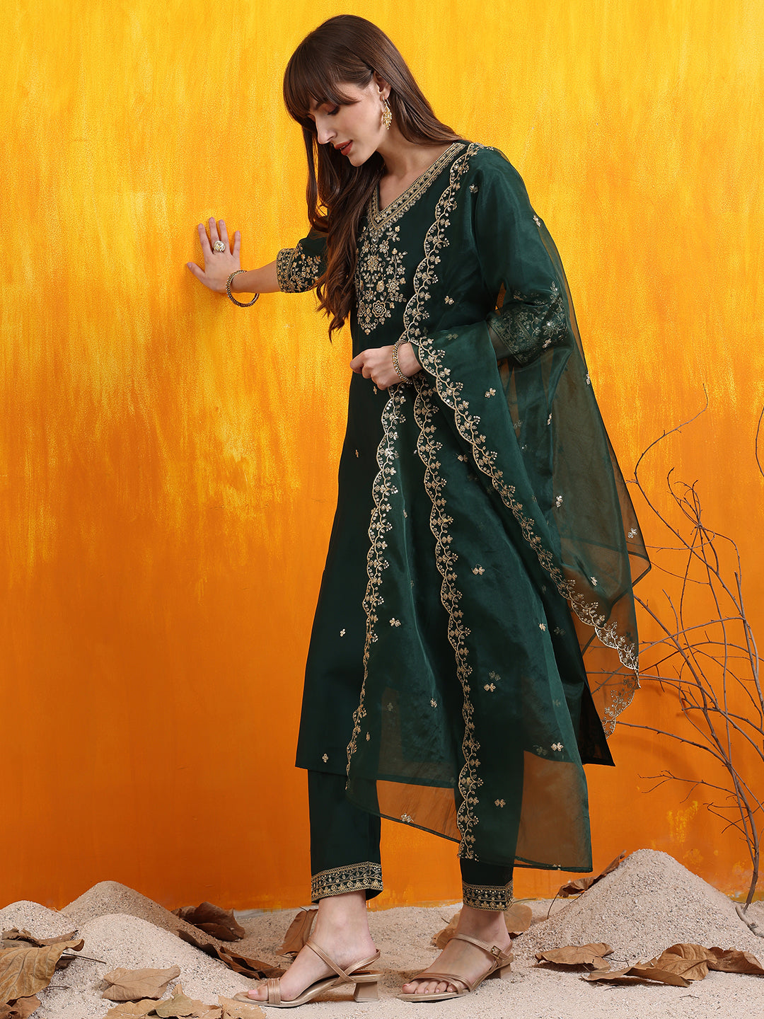 Sequined Embroidered Kurta With Pant & Embroidered Dupatta, Bottle-Green - Hiral Fashion