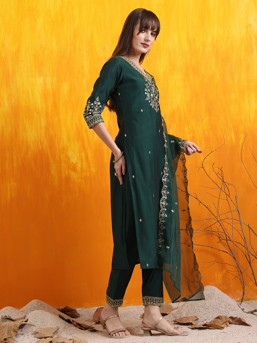 Sequined Embroidered Kurta With Pant & Embroidered Dupatta, Bottle-Green - Hiral Fashion