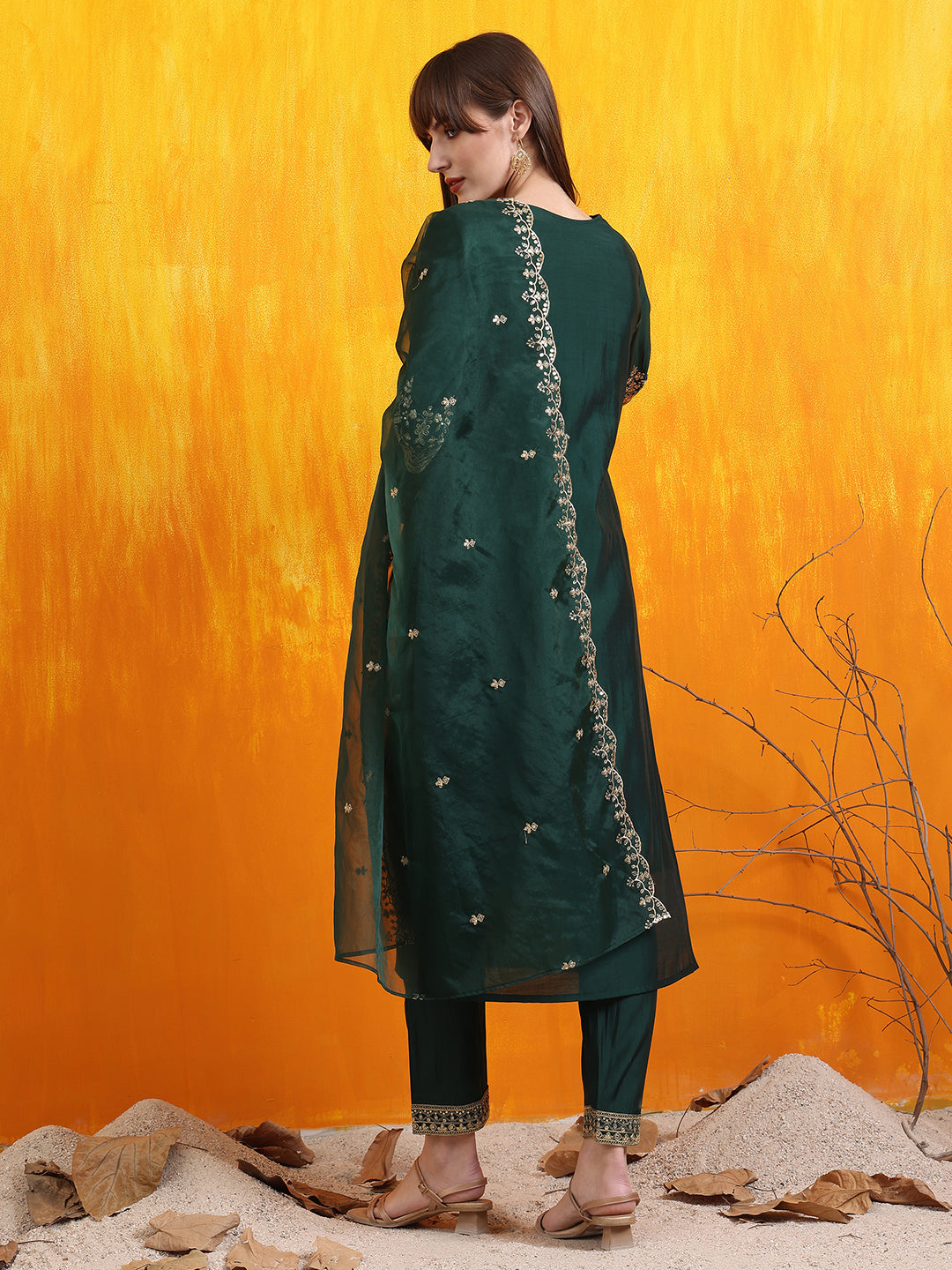 Sequined Embroidered Kurta With Pant & Embroidered Dupatta, Bottle-Green - Hiral Fashion