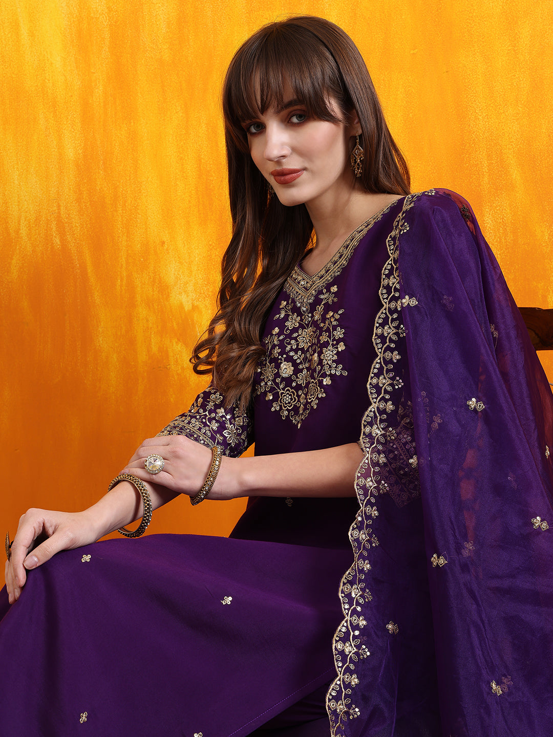 Sequined Embroidered Kurta With Pant & Embroidered Dupatta, Purple - Hiral Fashion