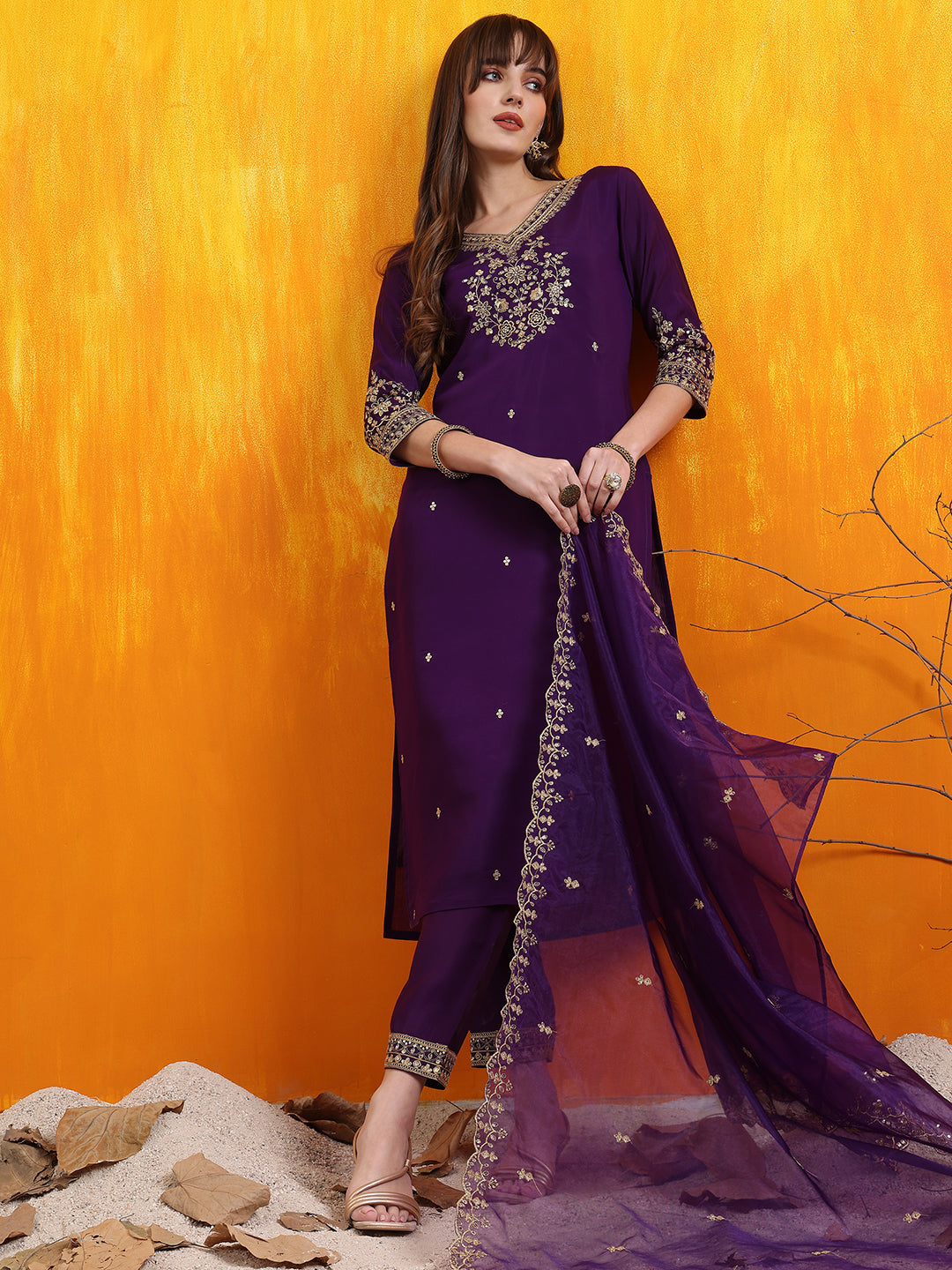 Sequined Embroidered Kurta With Pant & Embroidered Dupatta, Purple - Hiral Fashion