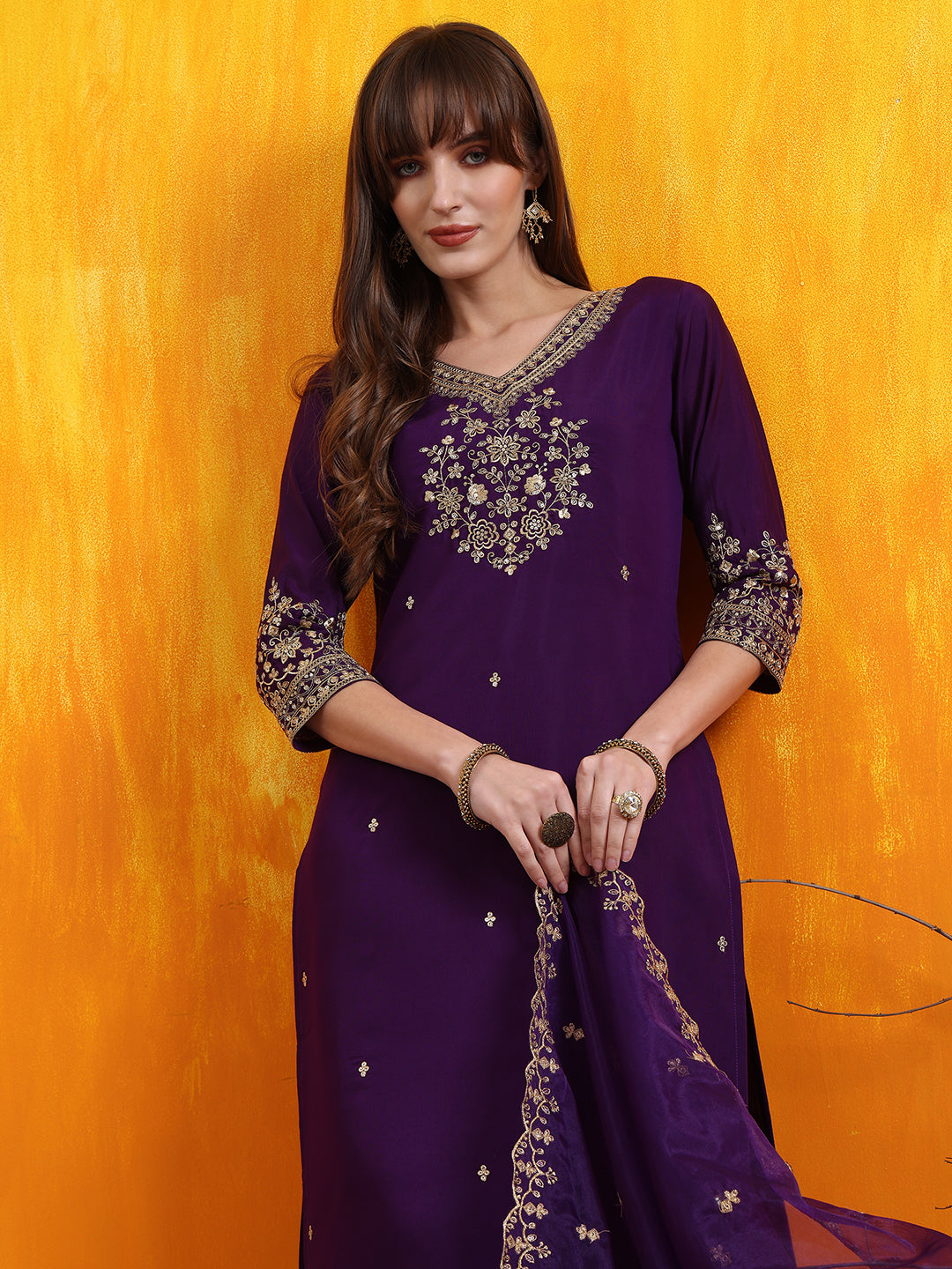 Sequined Embroidered Kurta With Pant & Embroidered Dupatta, Purple - Hiral Fashion