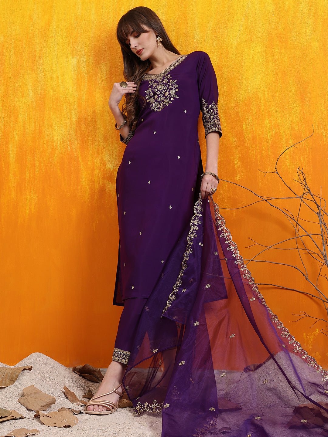 Sequined Embroidered Kurta With Pant & Embroidered Dupatta, Purple - Hiral Fashion