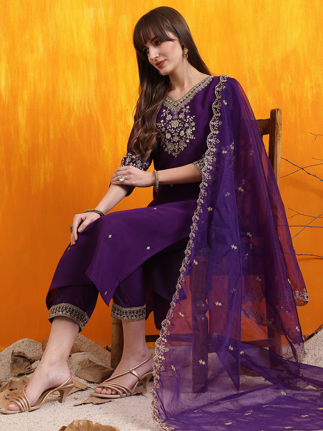 Sequined Embroidered Kurta With Pant & Embroidered Dupatta, Purple - Hiral Fashion