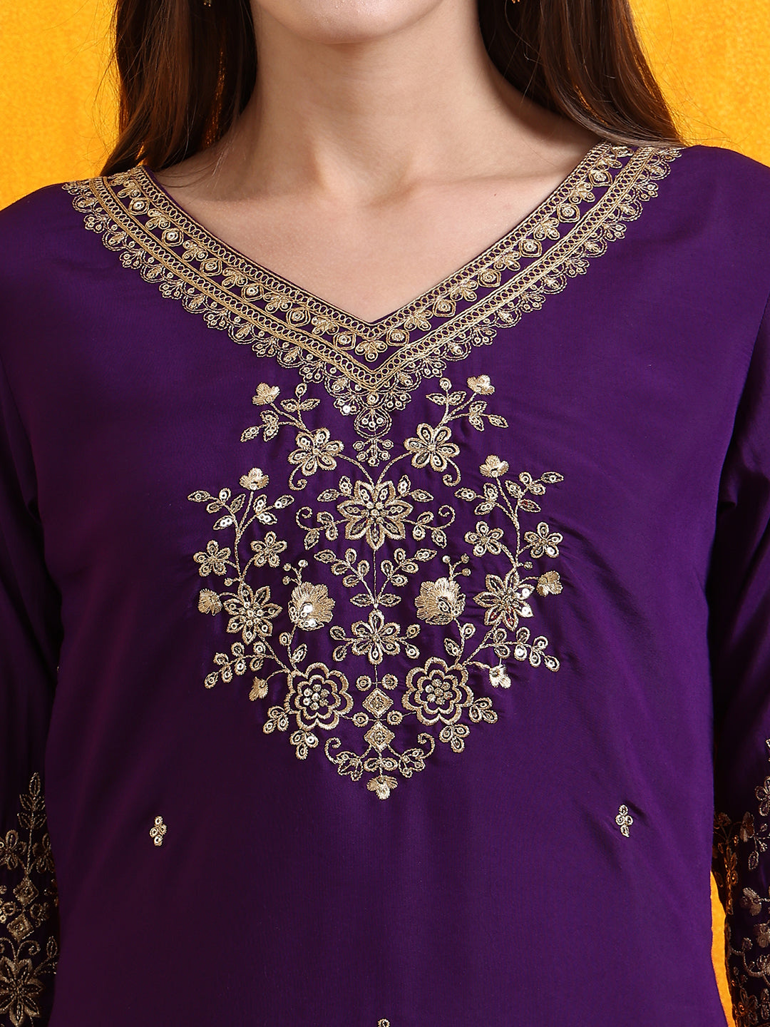 Sequined Embroidered Kurta With Pant & Embroidered Dupatta, Purple - Hiral Fashion