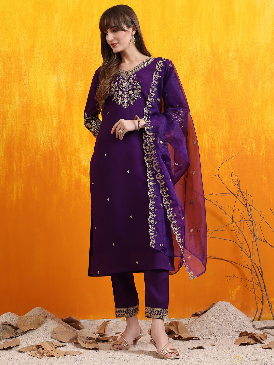 Sequined Embroidered Kurta With Pant & Embroidered Dupatta, Purple - Hiral Fashion