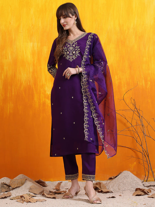 Sequined Embroidered Kurta With Pant & Embroidered Dupatta, Purple - Hiral Fashion