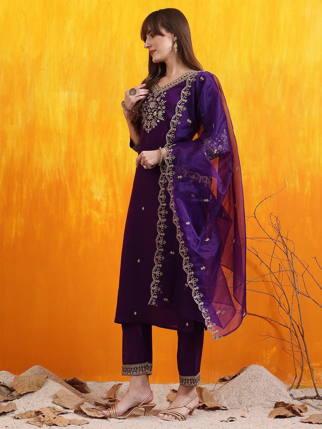 Sequined Embroidered Kurta With Pant & Embroidered Dupatta, Purple - Hiral Fashion