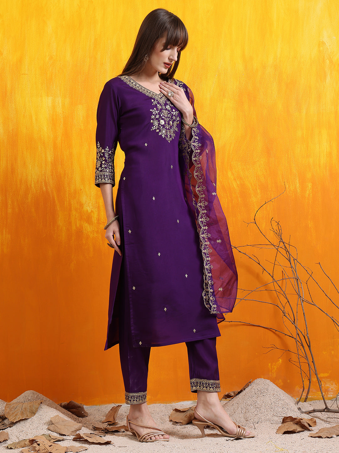 Sequined Embroidered Kurta With Pant & Embroidered Dupatta, Purple - Hiral Fashion