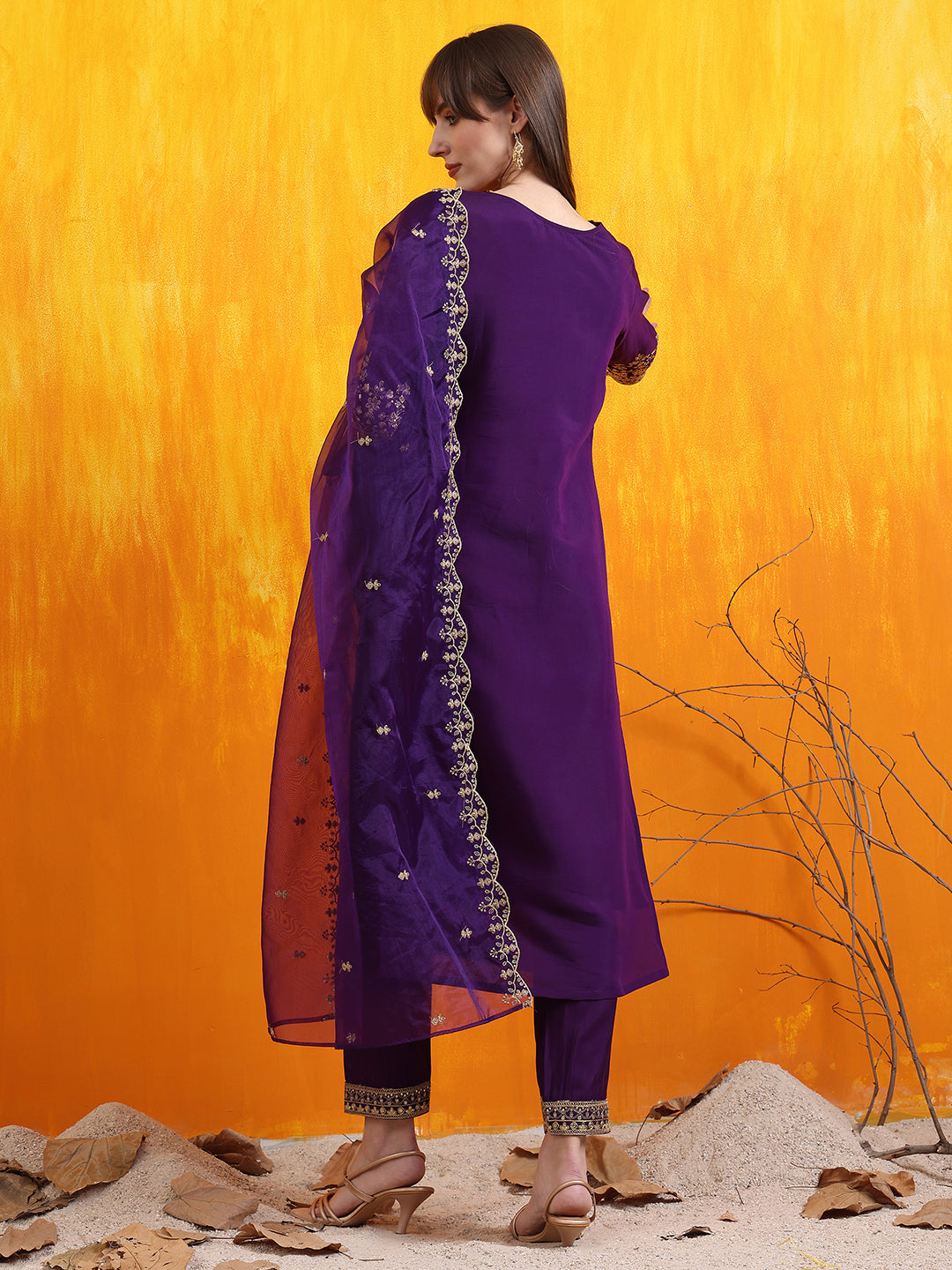 Sequined Embroidered Kurta With Pant & Embroidered Dupatta, Purple - Hiral Fashion