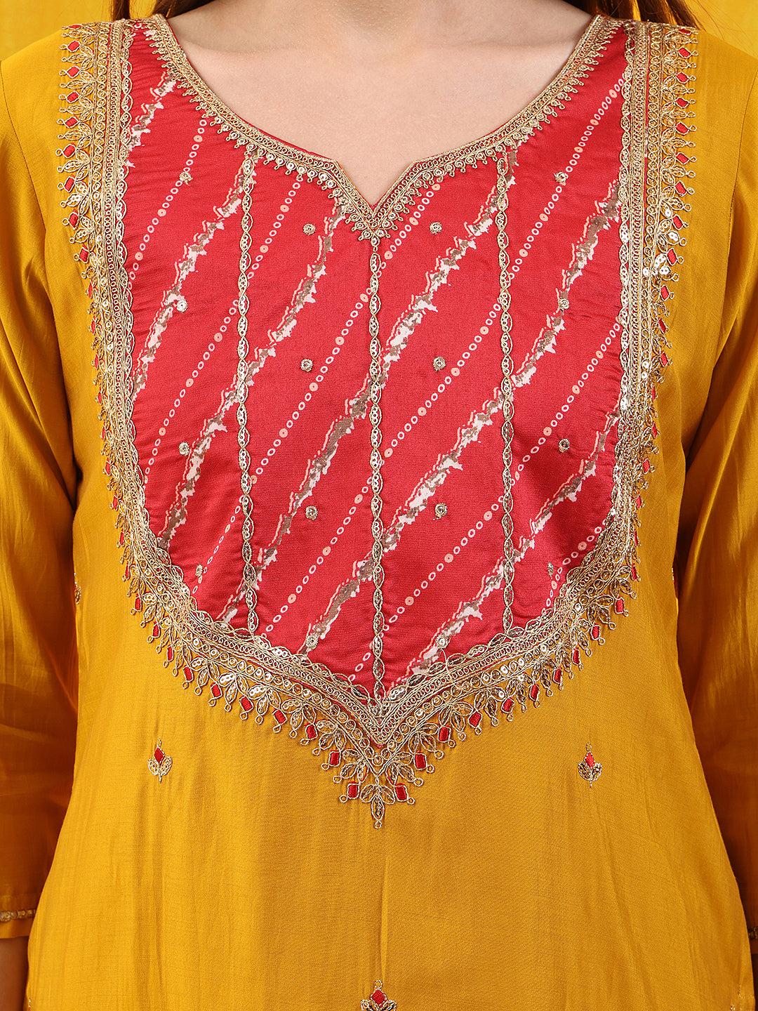 Sequined Embroidered & Applique Patch Kurta With Pant & Printed Dupatta, Mustard - Hiral Fashion