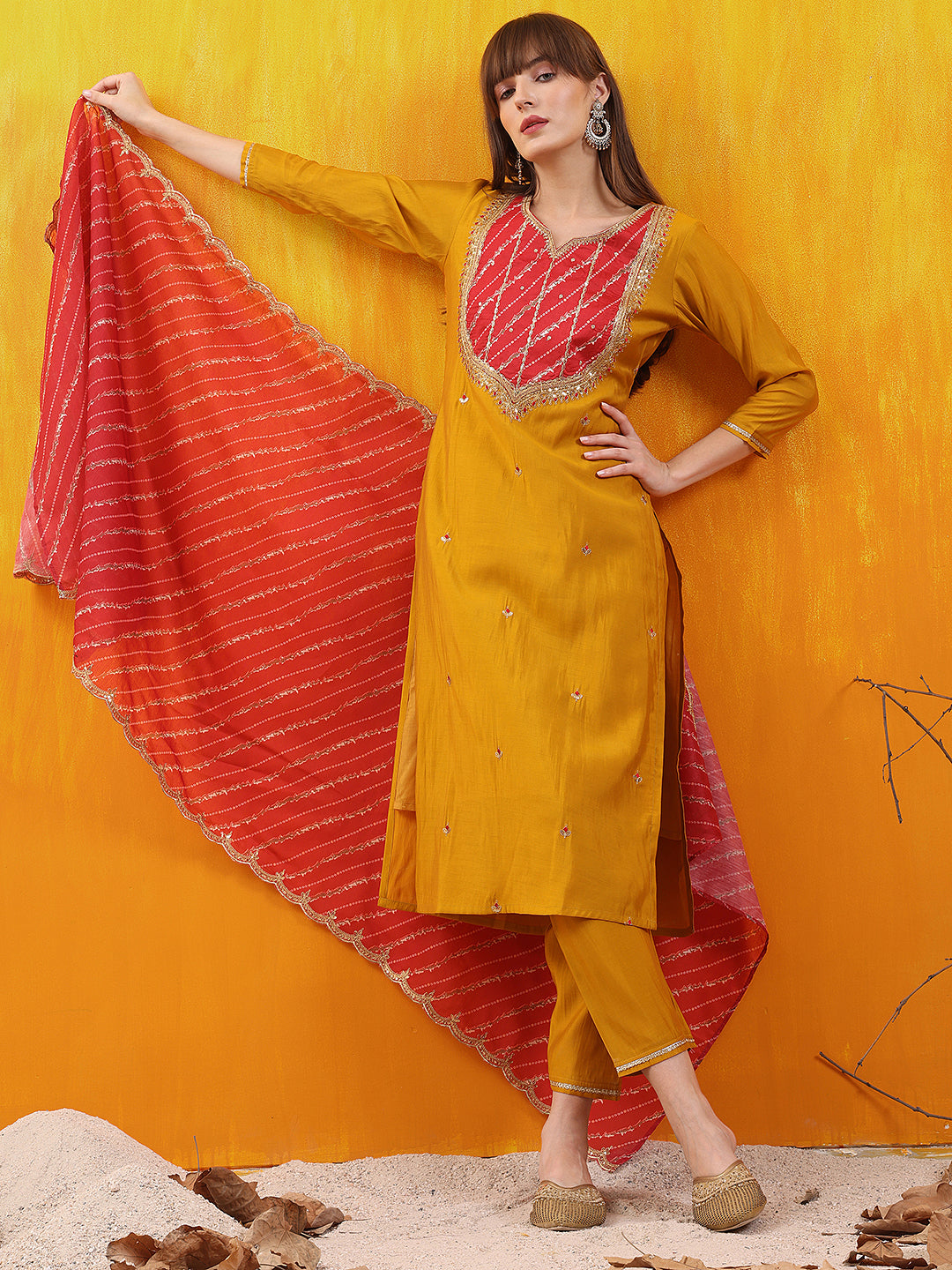 Sequined Embroidered & Applique Patch Kurta With Pant & Printed Dupatta, Mustard - Hiral Fashion