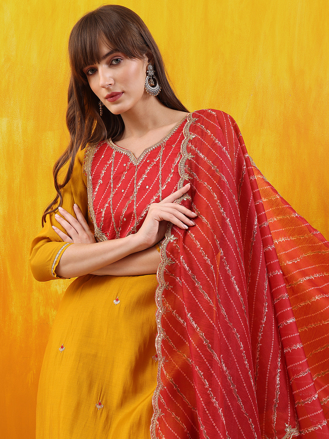 Sequined Embroidered & Applique Patch Kurta With Pant & Printed Dupatta, Mustard - Hiral Fashion