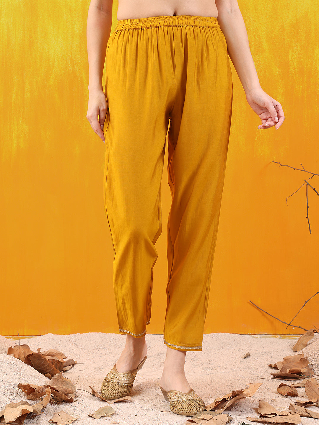 Sequined Embroidered & Applique Patch Kurta With Pant & Printed Dupatta, Mustard - Hiral Fashion