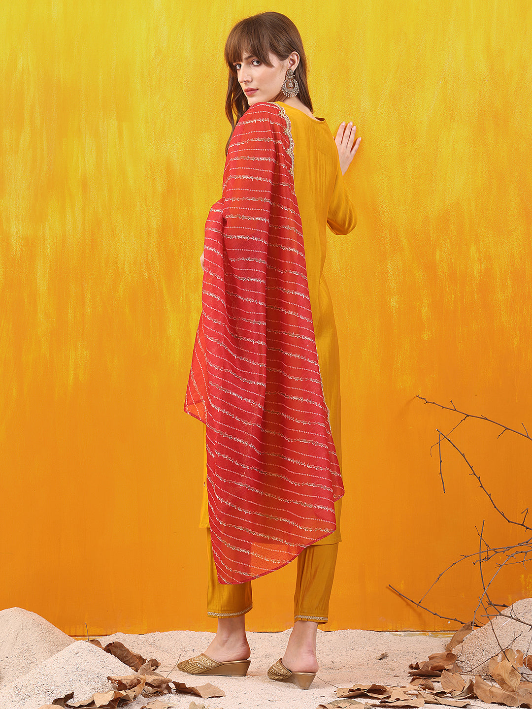 Sequined Embroidered & Applique Patch Kurta With Pant & Printed Dupatta, Mustard - Hiral Fashion