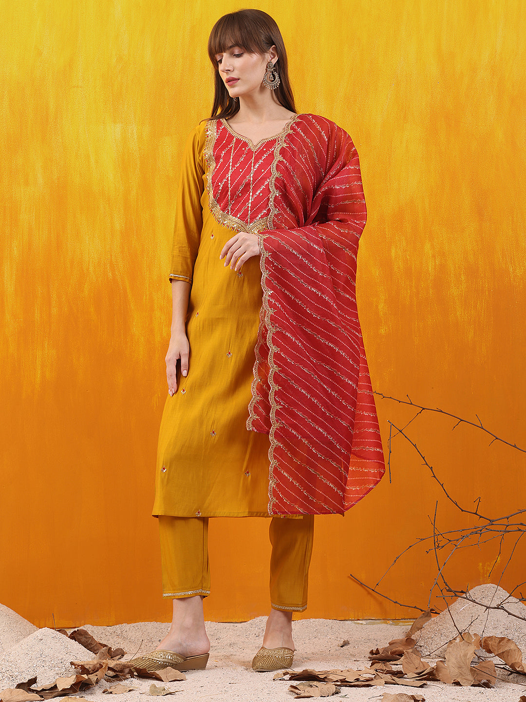 Sequined Embroidered & Applique Patch Kurta With Pant & Printed Dupatta, Mustard - Hiral Fashion