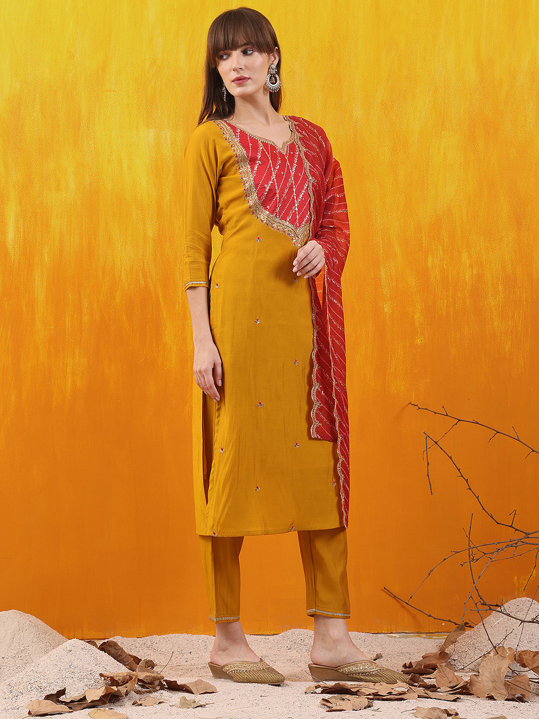 Sequined Embroidered & Applique Patch Kurta With Pant & Printed Dupatta, Mustard - Hiral Fashion