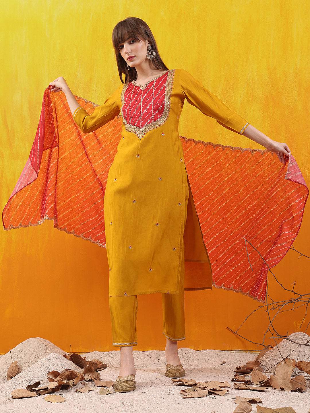Sequined Embroidered & Applique Patch Kurta With Pant & Printed Dupatta, Mustard - Hiral Fashion