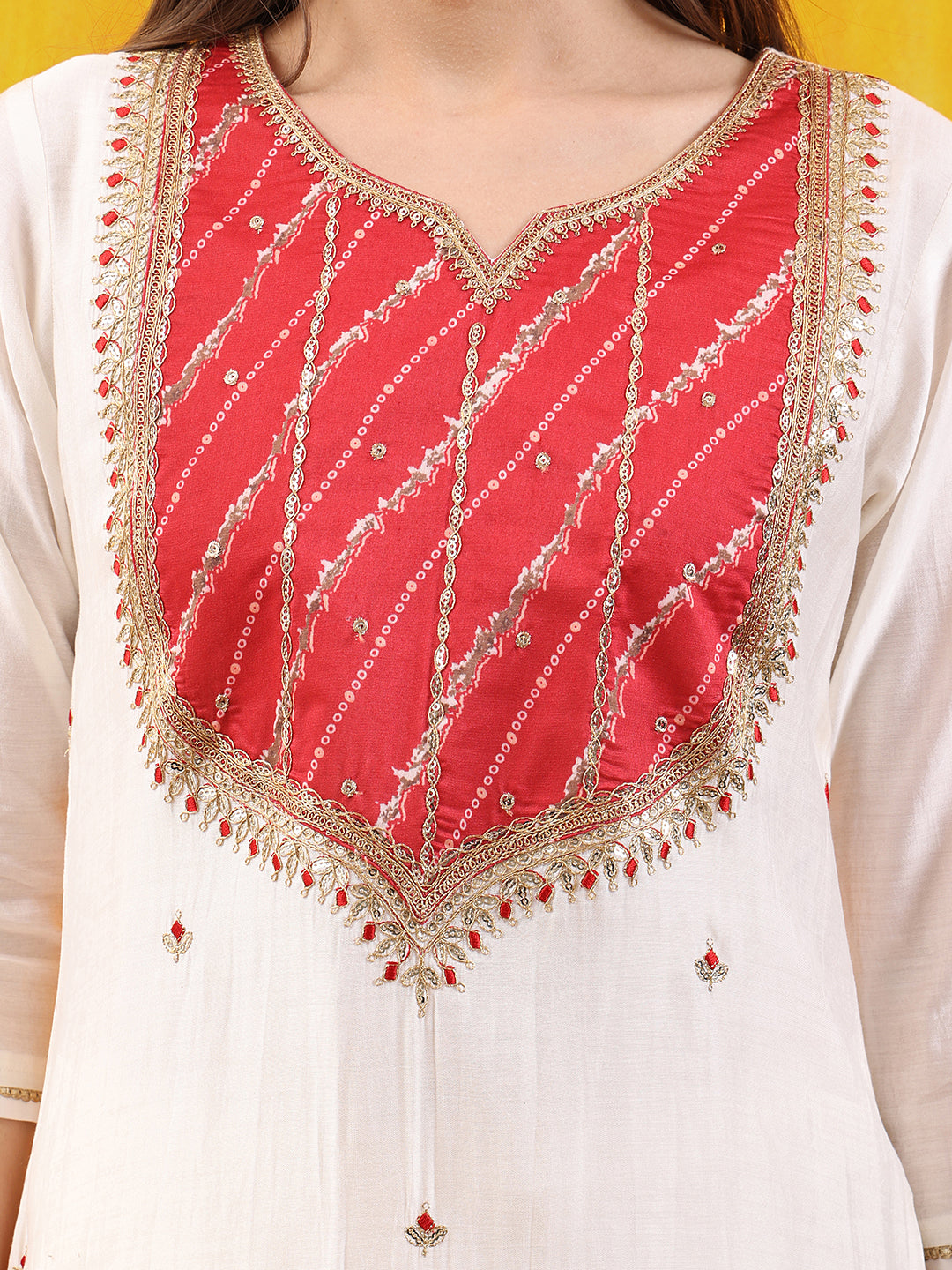 Sequined Embroidered & Applique Patch Kurta With Pant & Printed Dupatta, White - Hiral Fashion