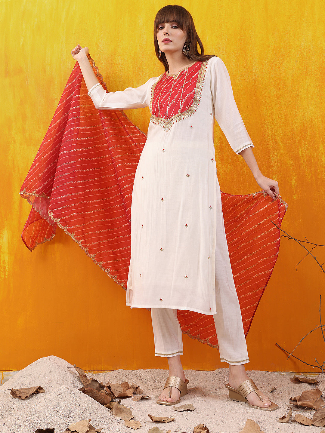 Sequined Embroidered & Applique Patch Kurta With Pant & Printed Dupatta, White - Hiral Fashion
