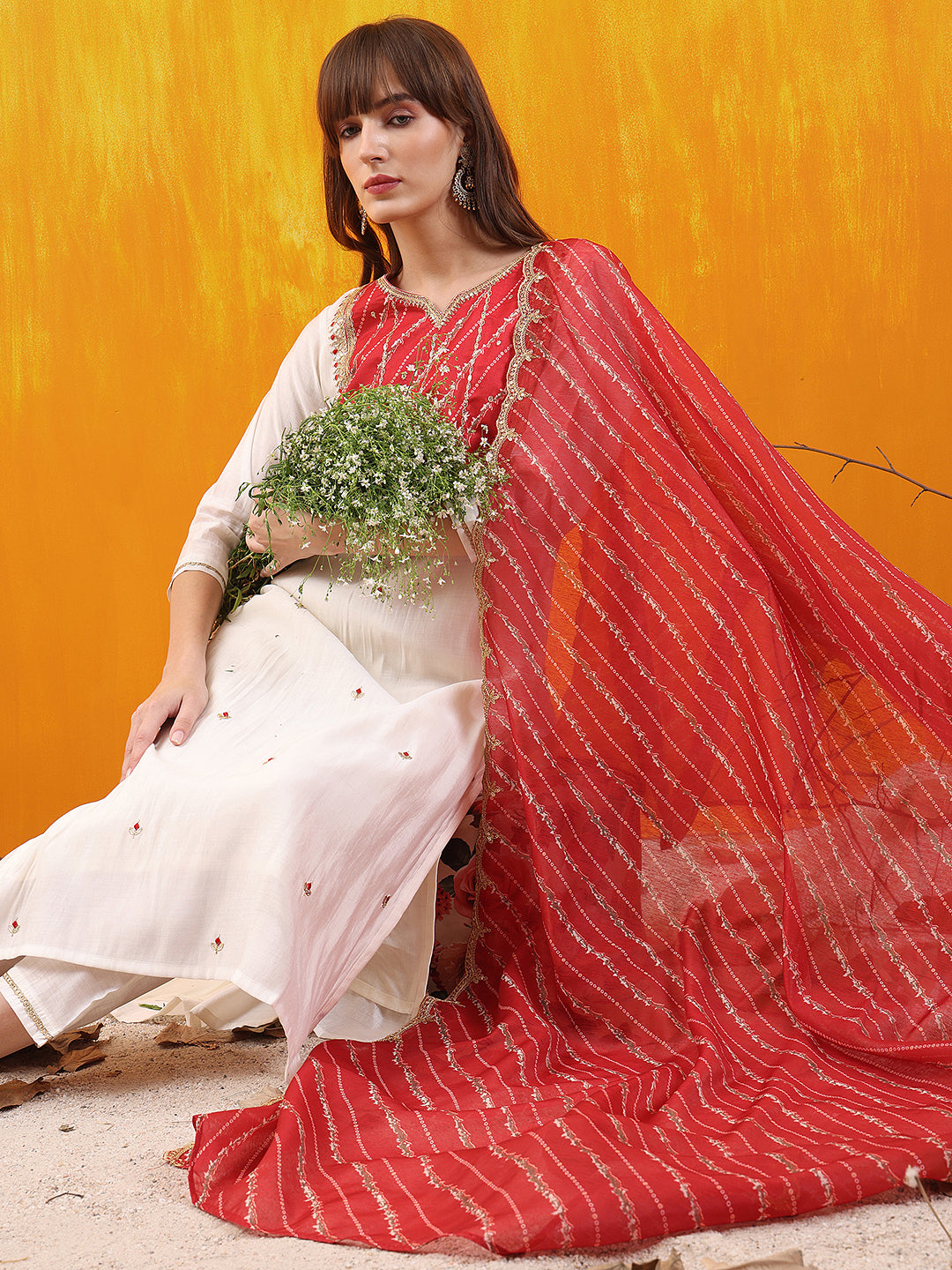 Sequined Embroidered & Applique Patch Kurta With Pant & Printed Dupatta, White - Hiral Fashion