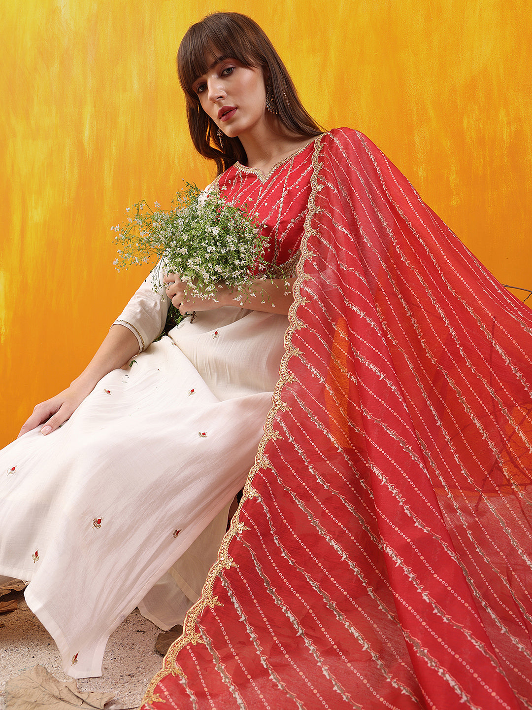 Sequined Embroidered & Applique Patch Kurta With Pant & Printed Dupatta, White - Hiral Fashion