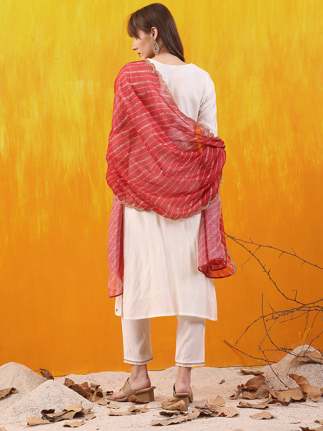 Sequined Embroidered & Applique Patch Kurta With Pant & Printed Dupatta, White - Hiral Fashion