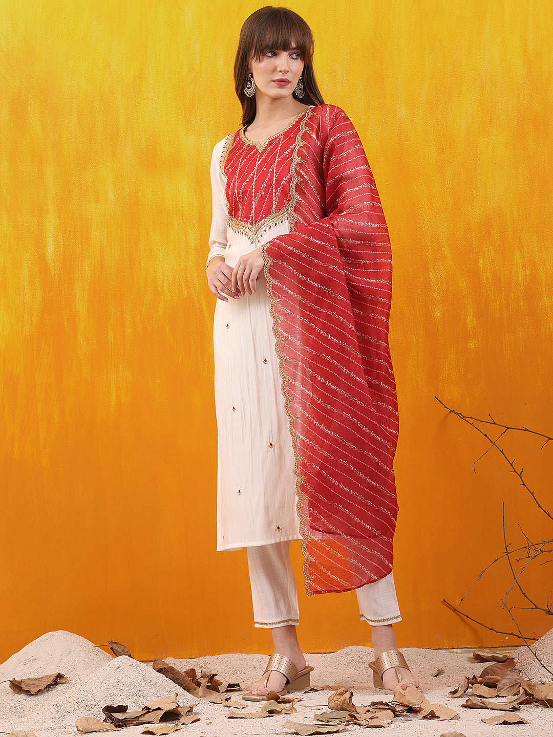 Sequined Embroidered & Applique Patch Kurta With Pant & Printed Dupatta, White - Hiral Fashion