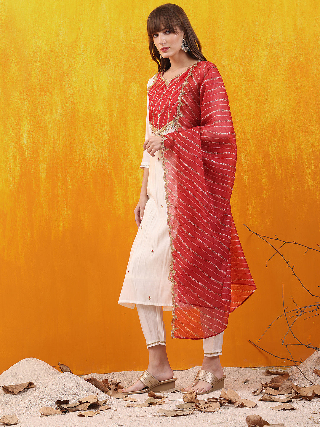 Sequined Embroidered & Applique Patch Kurta With Pant & Printed Dupatta, White - Hiral Fashion