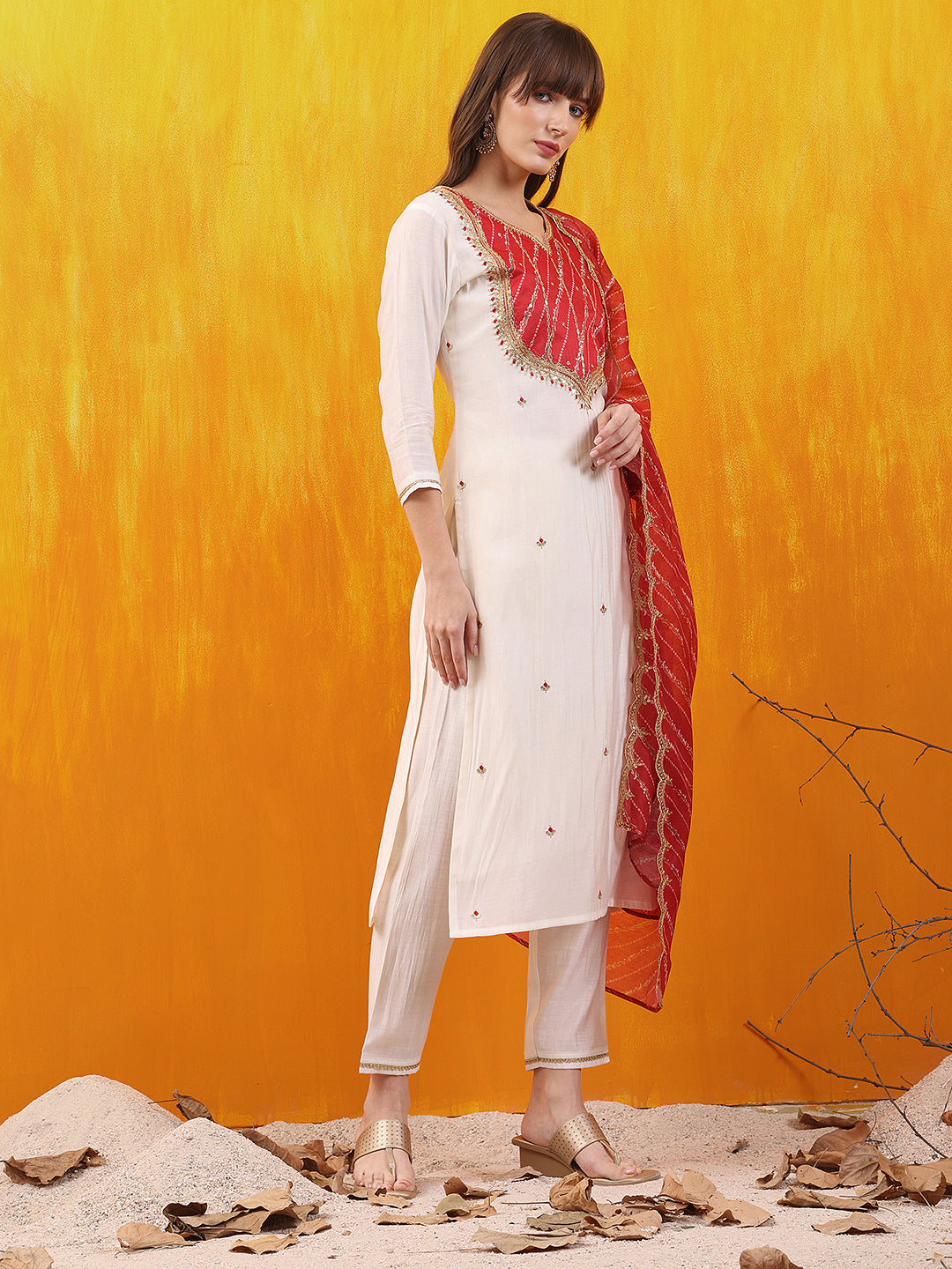 Sequined Embroidered & Applique Patch Kurta With Pant & Printed Dupatta, White - Hiral Fashion