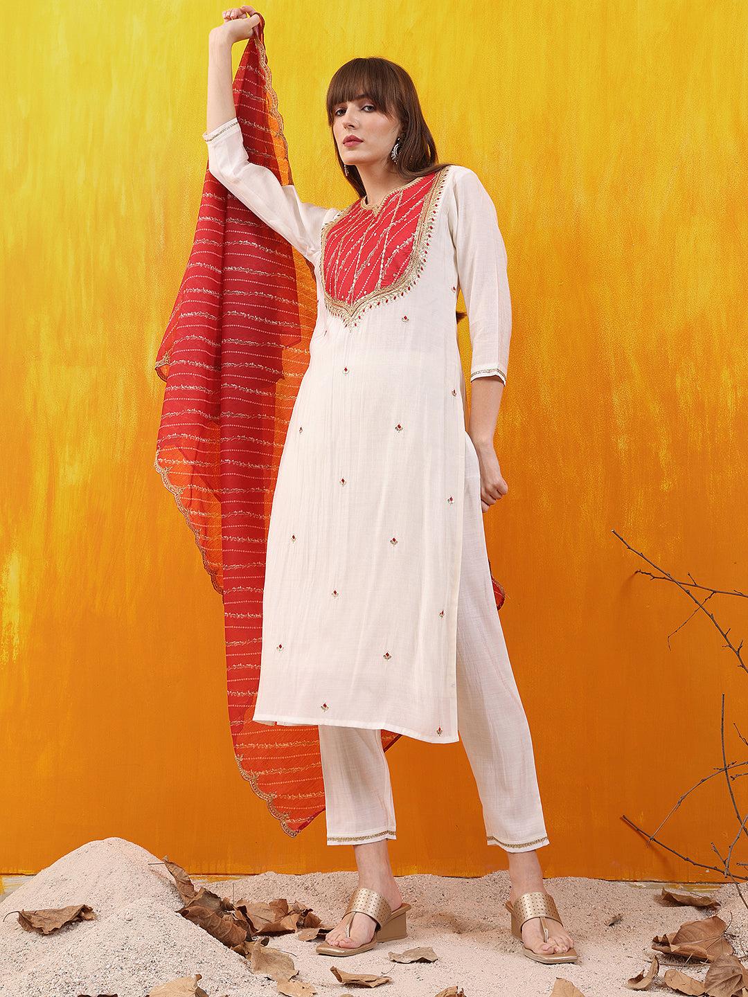 Sequined Embroidered & Applique Patch Kurta With Pant & Printed Dupatta, White - Hiral Fashion
