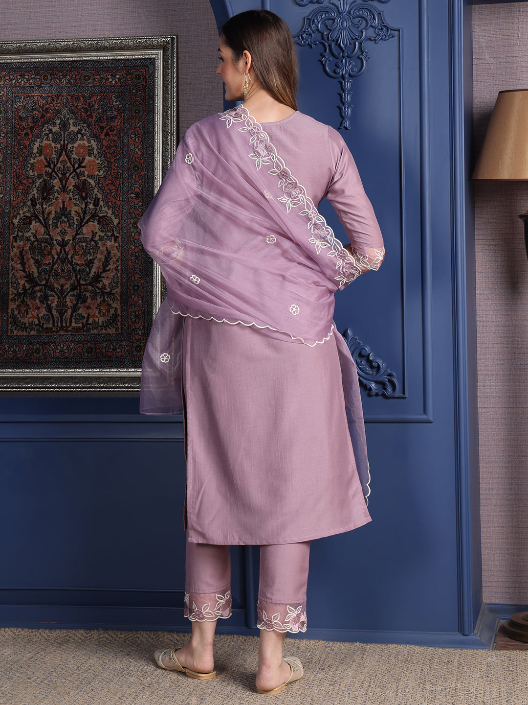 Embroidered Kurta With Pant & Organza Embroidered Dupatta, Lavender - Hiral Fashion