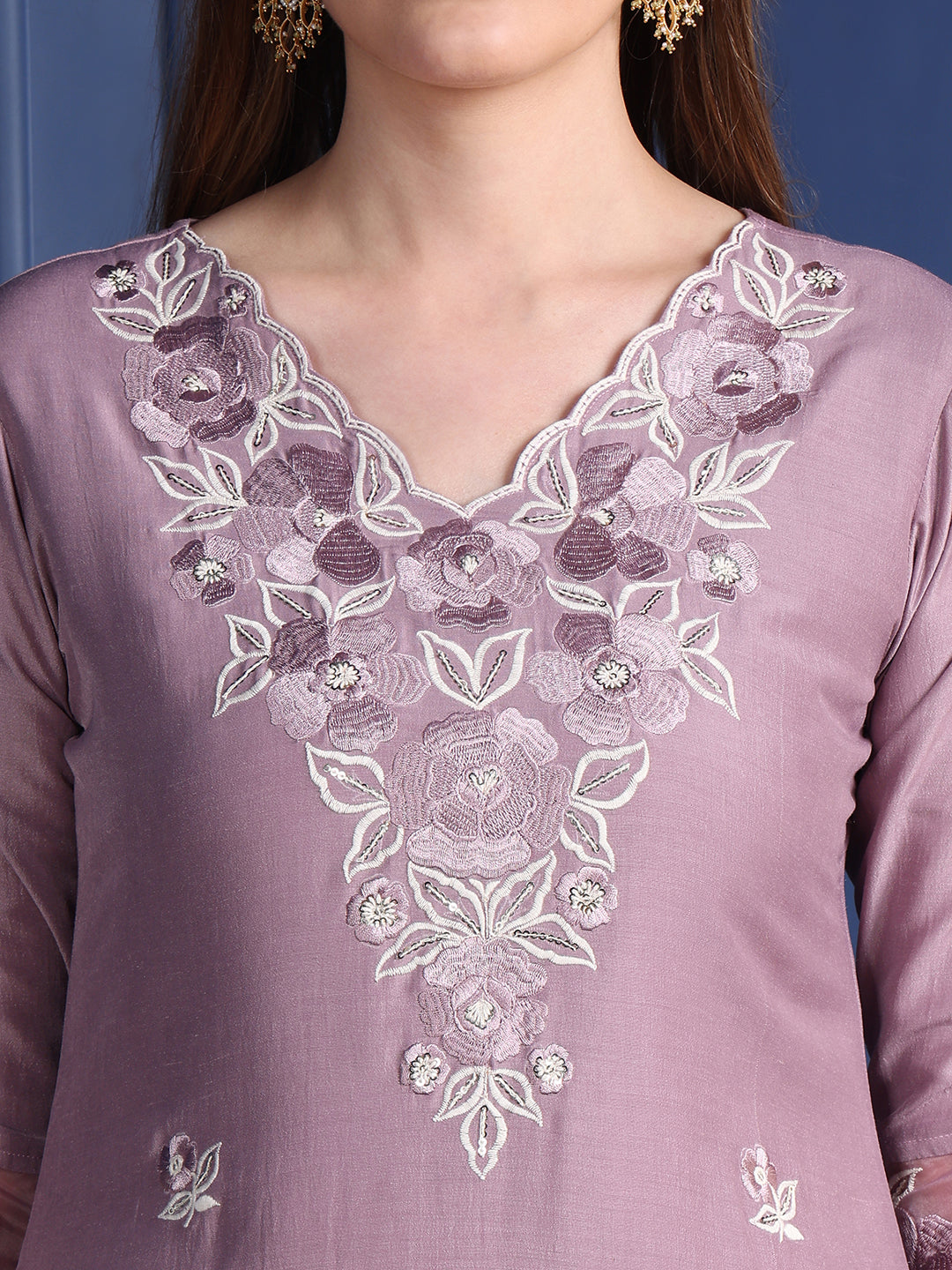 Embroidered Kurta With Pant & Organza Embroidered Dupatta, Lavender - Hiral Fashion