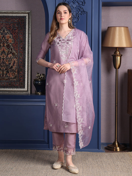 Embroidered Kurta With Pant & Organza Embroidered Dupatta, Lavender - Hiral Fashion