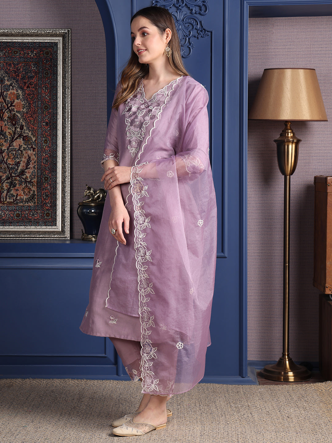 Embroidered Kurta With Pant & Organza Embroidered Dupatta, Lavender - Hiral Fashion