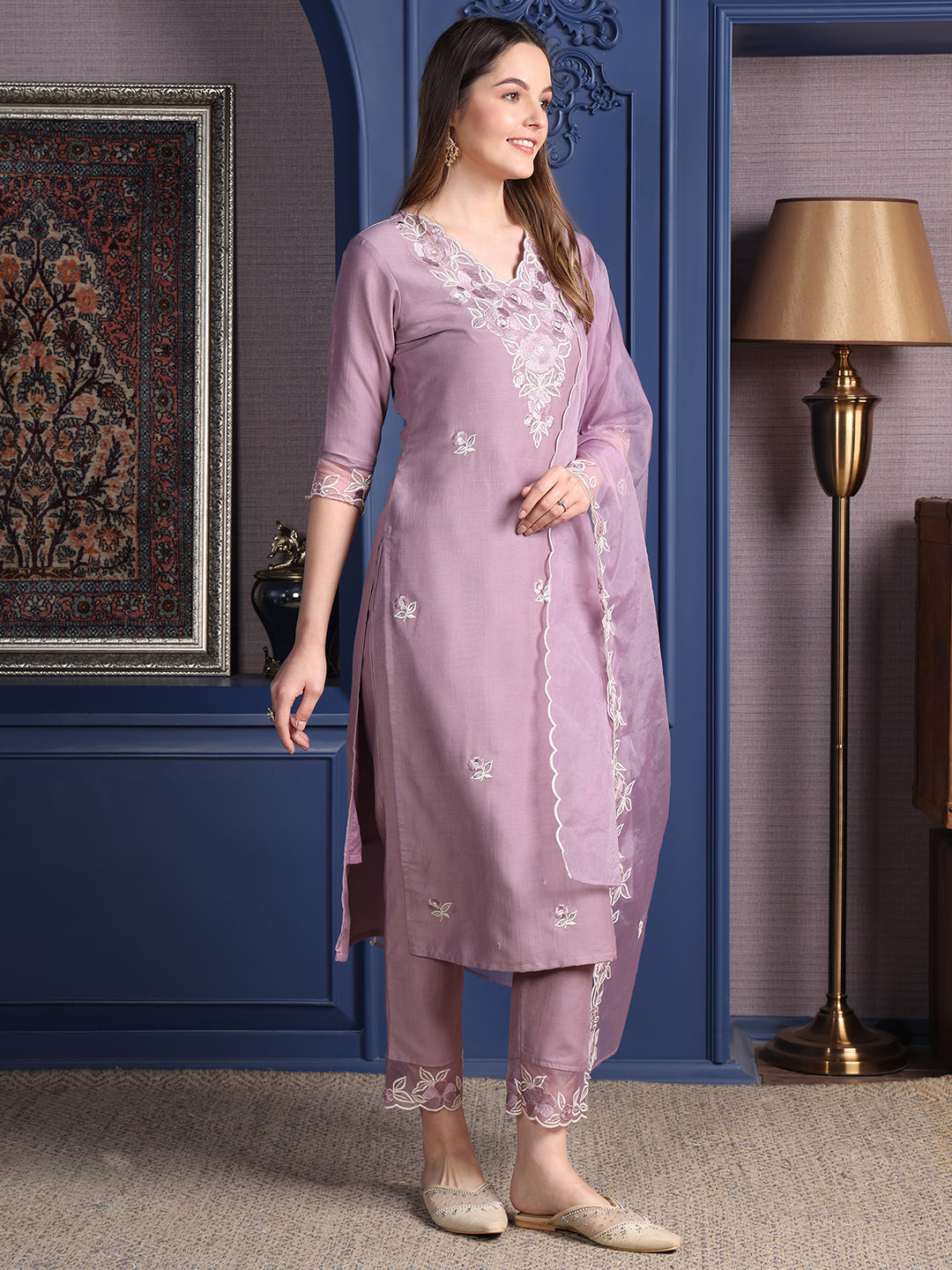 Embroidered Kurta With Pant & Organza Embroidered Dupatta, Lavender - Hiral Fashion