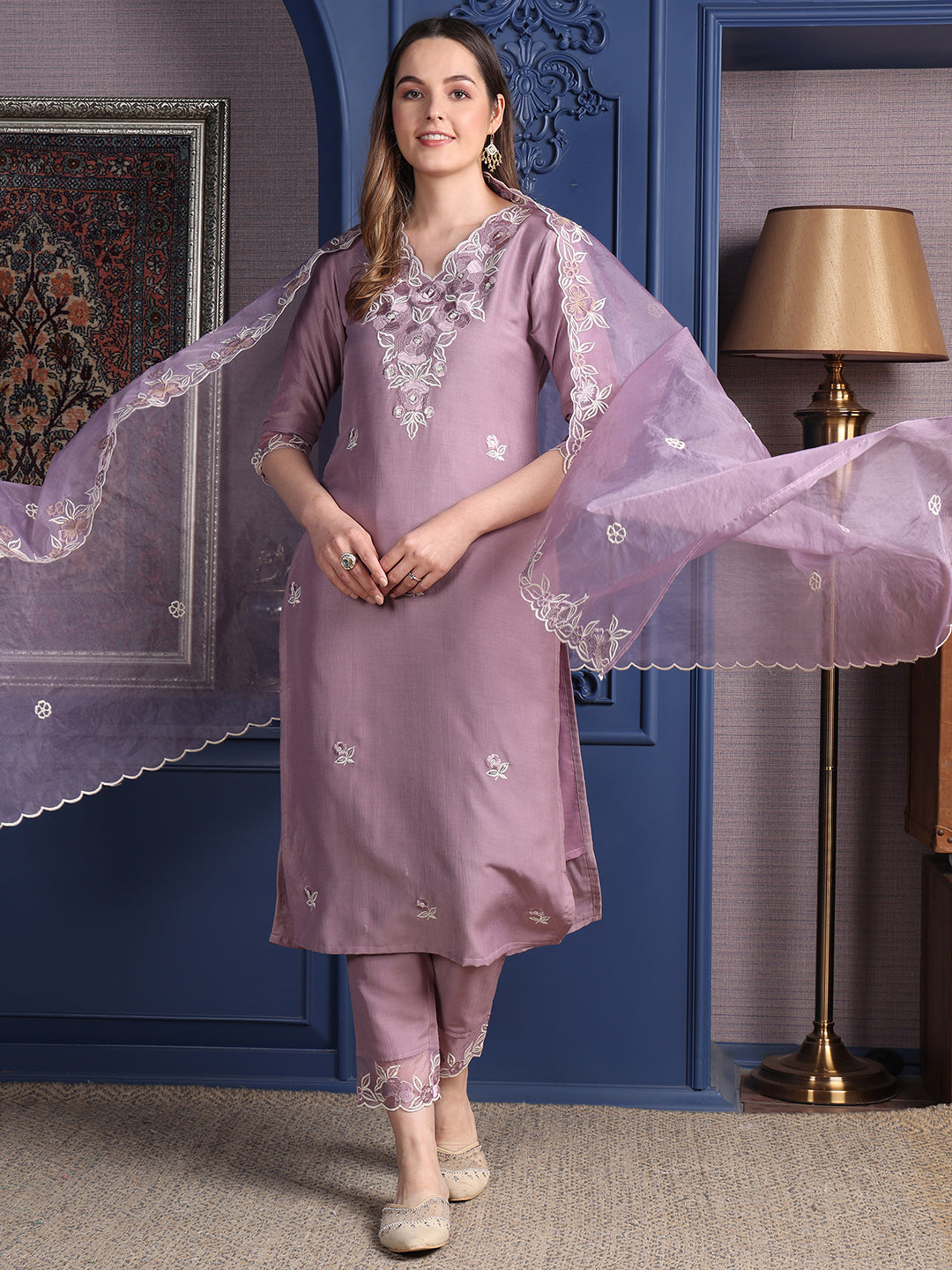Embroidered Kurta With Pant & Organza Embroidered Dupatta, Lavender - Hiral Fashion