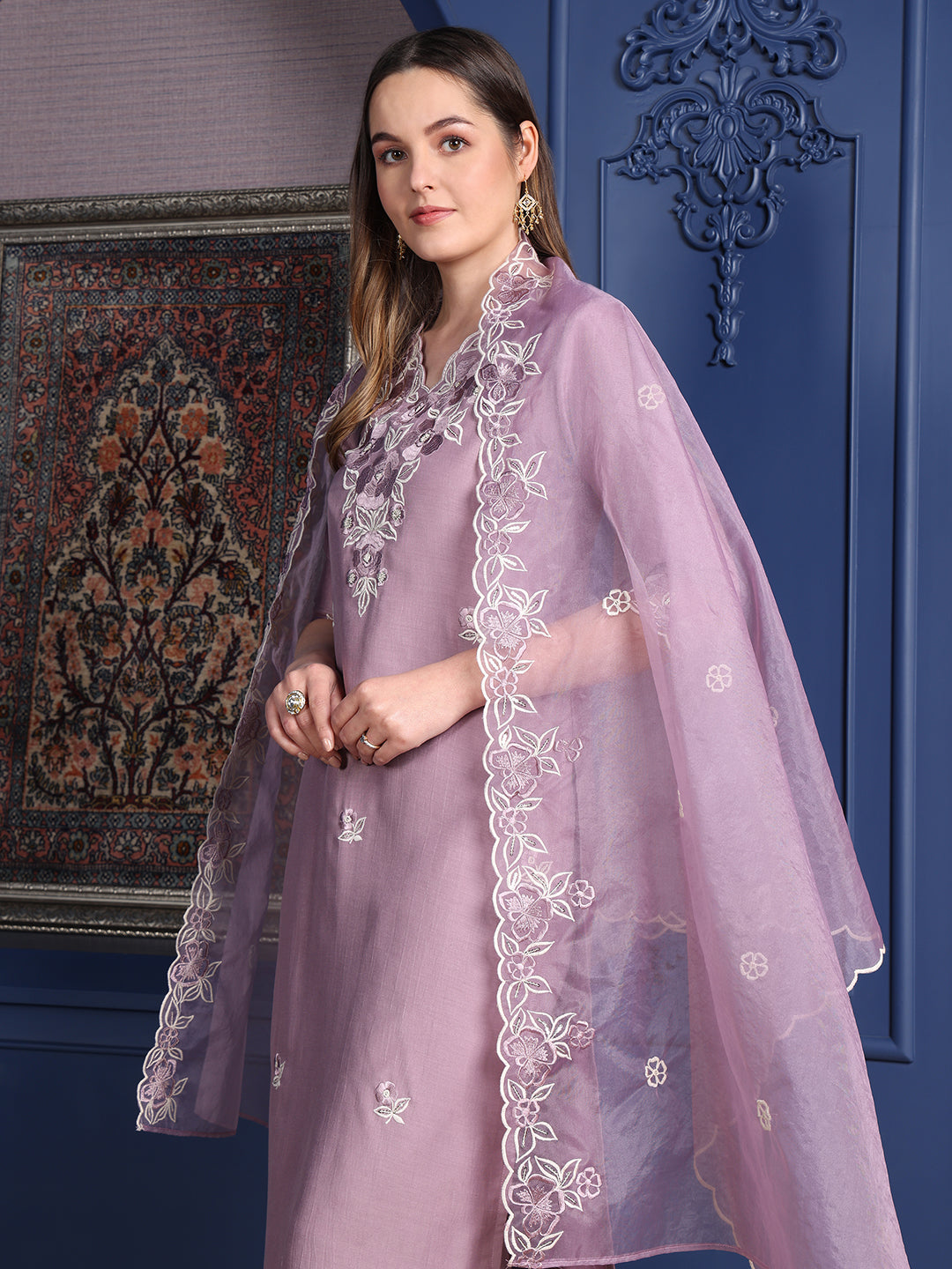 Embroidered Kurta With Pant & Organza Embroidered Dupatta, Lavender - Hiral Fashion