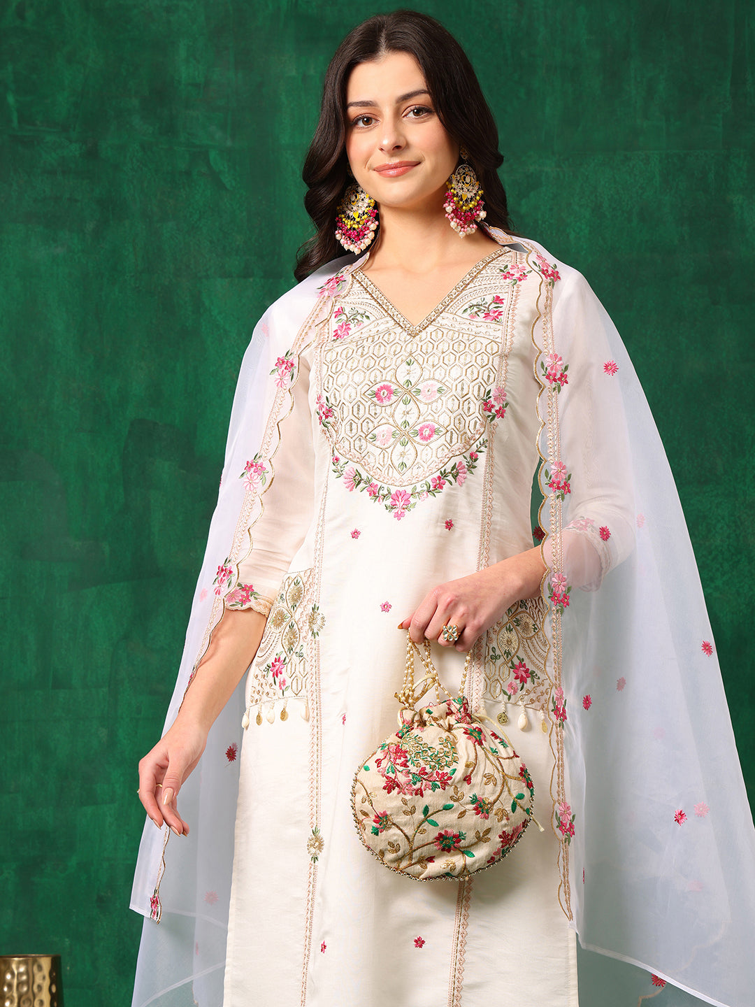 Embroidered Kurta With Pant & Embroidered Organza Dupatta, White - Hiral Fashion
